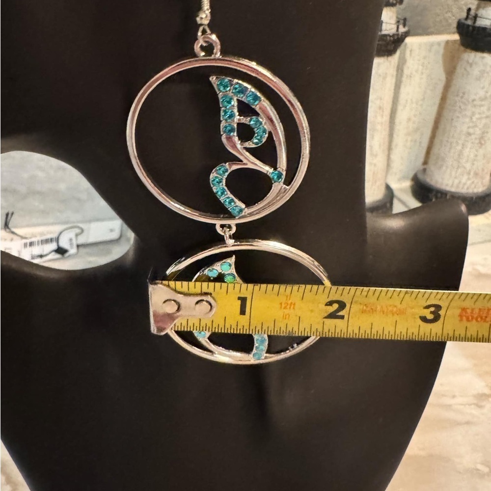 Hand crafted Elegant Silver Turquoise dangling Earrings 2x3in - Picture 2 of 4